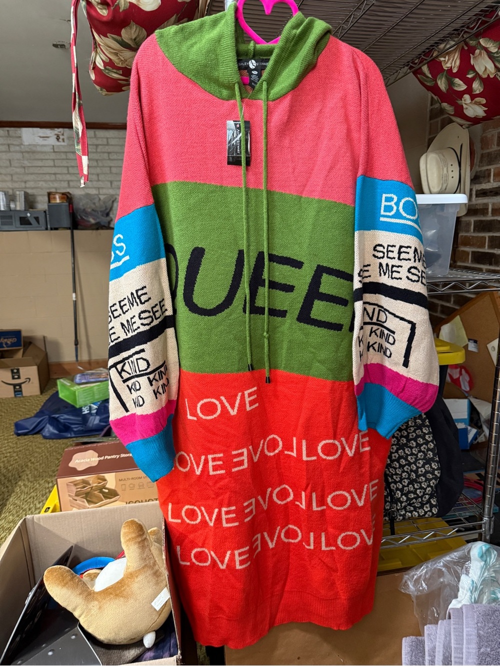 Ashley Stewart Colorblock 'QUEEN LOVE' Hoodie Dress in Pink Green Blue Red